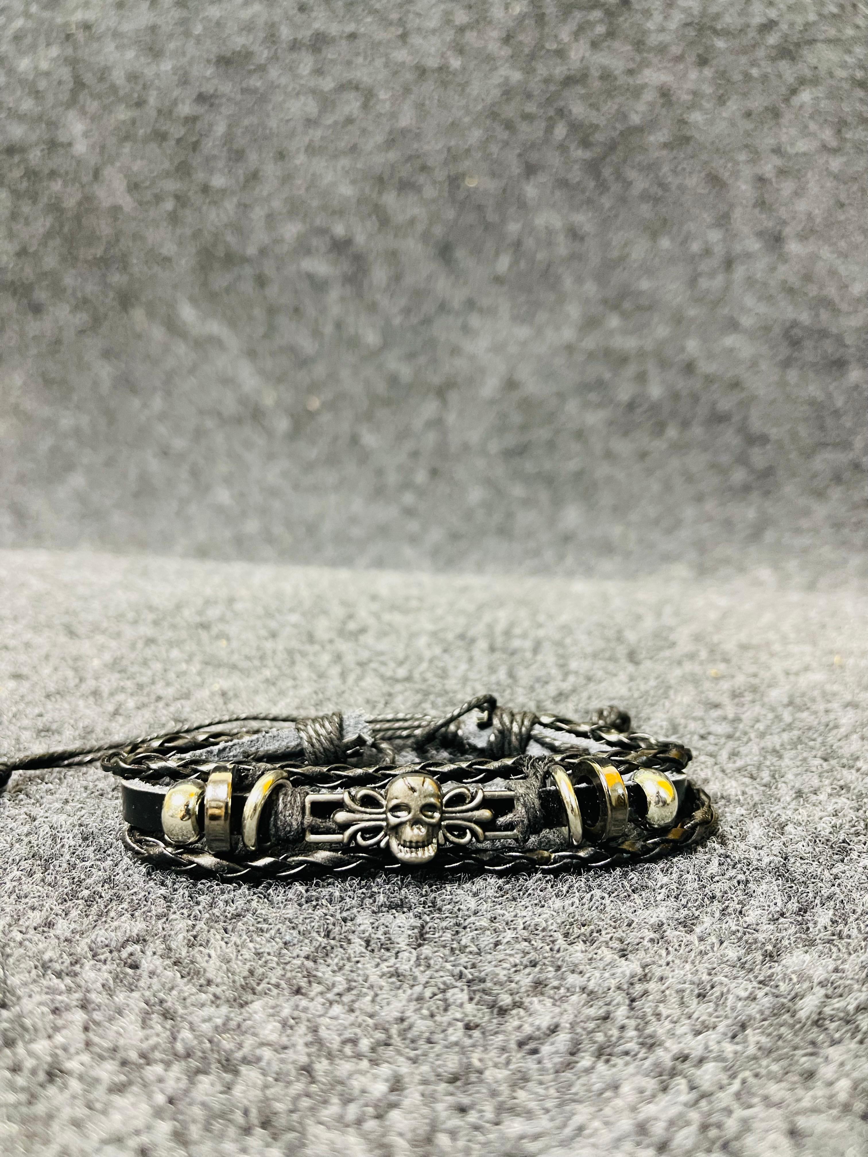 Skull Motif Multi-Layer Leather Bracelet