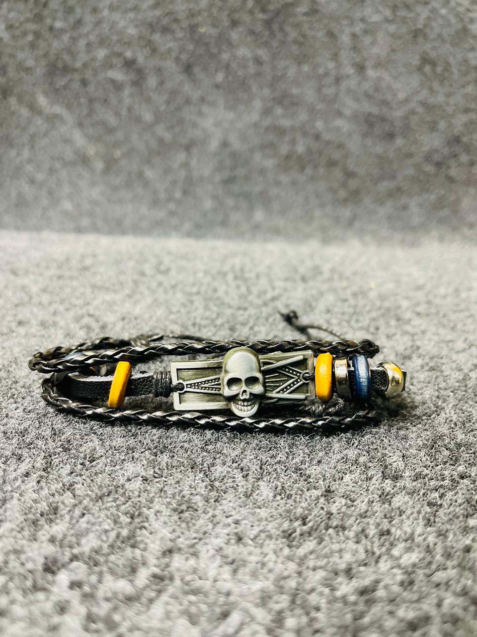 Skull Motif Multi-Layer Leather Bracelet
